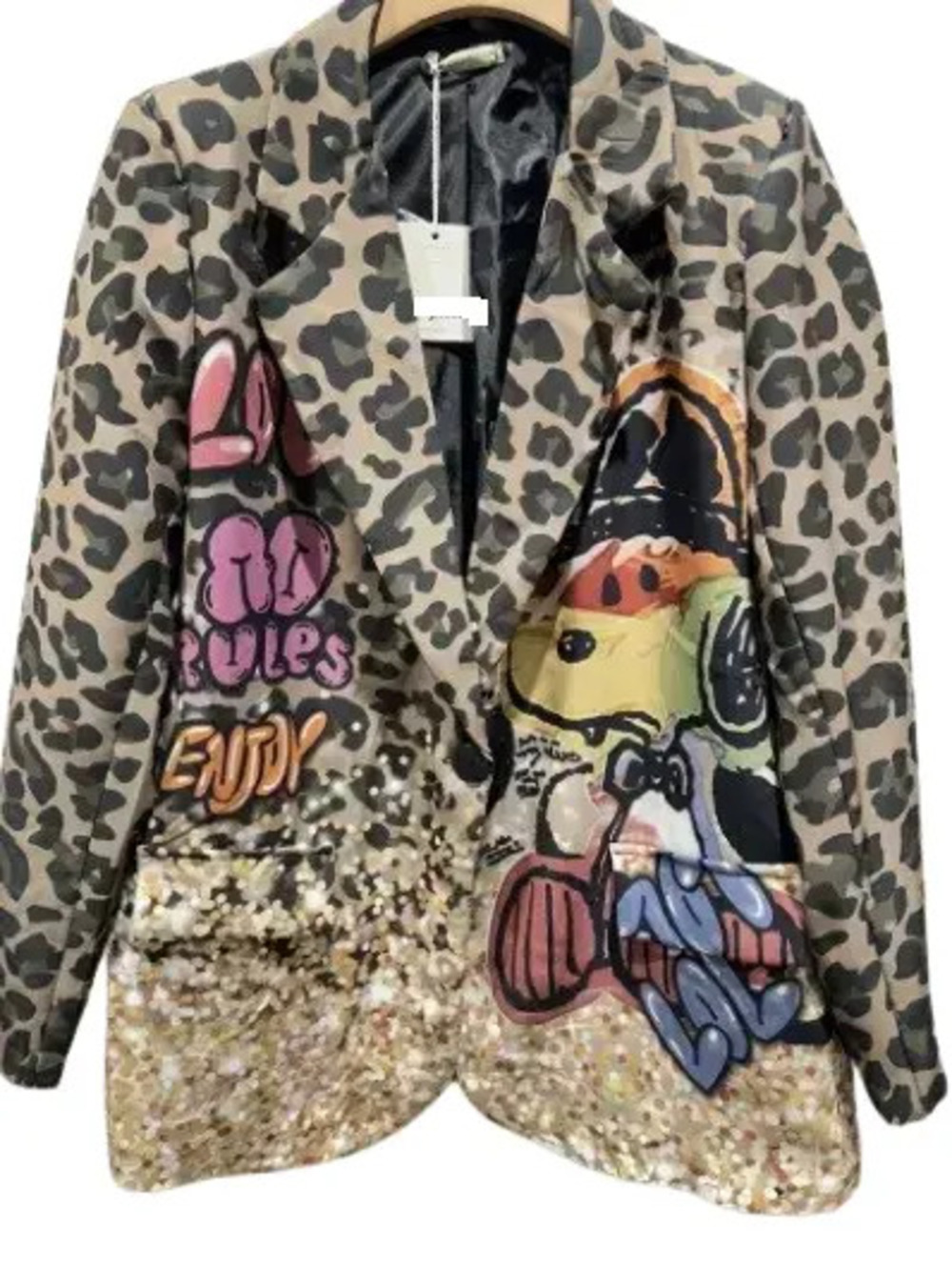 L921 | Loowie Snoopy Graphic Leopard Print Sequin Blazer | Brown | One Size S-L